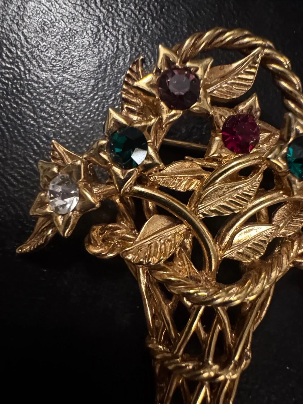 Vintage Joan Rivers Gold-Tone Basket Floral Brooch with Multicolor Stones